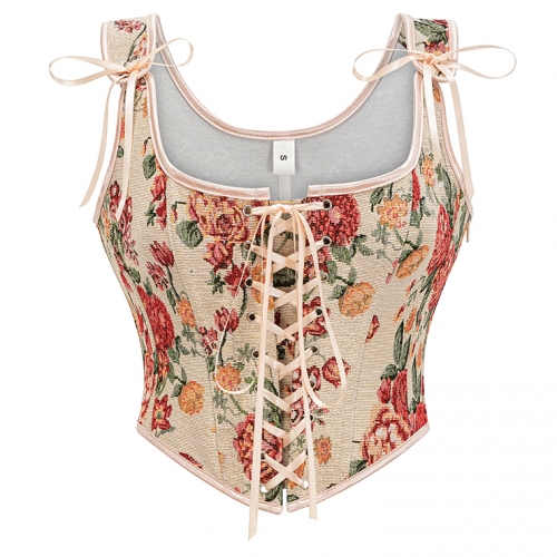 Vintage Floral Corset Top - Adjustable Lace-Up Bustier with Square Neckline N23888