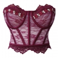 Burgundy Floral Lace Corset - Underbust Bustier with Front Lace-Up Ribbon & 6D Bloom Accents N237818