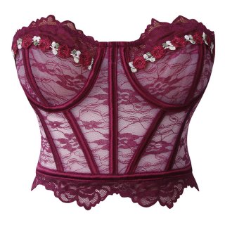 Burgundy Floral Lace Corset - Underbust Bustier with Front Lace-Up Ribbon & 6D Bloom Accents N237818