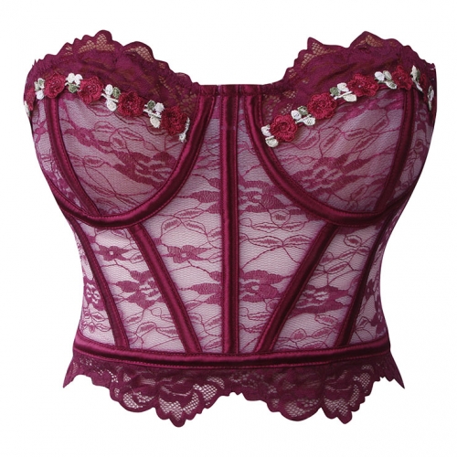 Burgundy Floral Lace Corset - Underbust Bustier with Front Lace-Up Ribbon & 6D Bloom Accents N237818