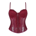 Burgundy Wine Lace Corset - Adjustable Vintage Bustier with Sheer Mesh N23794