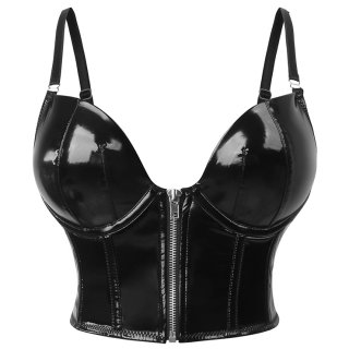 Sexy Punk Faux Leather Spaghetti Straps Bustier Zipper Clubwear Crop Top N23688