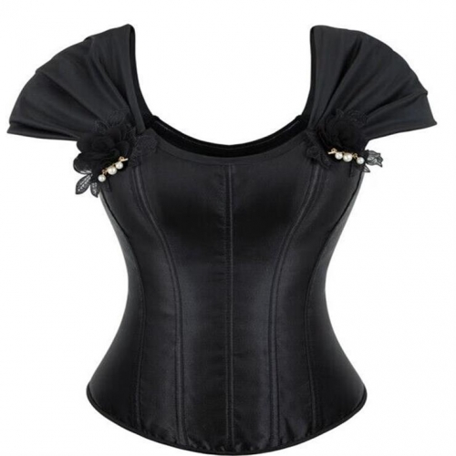 Gothic Black Brocade 10 Plastic Boned Wide Shoulder Straps Waist Cincher Overbust Corset N23587