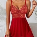 Sexy Red Lace Low-bra Adjustable Spaghetti Straps Soft Babydoll Sleepwear Lingerie N23391