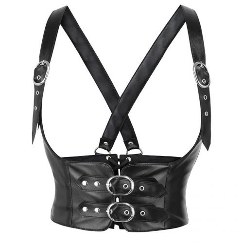Steampunk Leather Corset Top with Adjustable Buckle and Cross Back Straps N23905