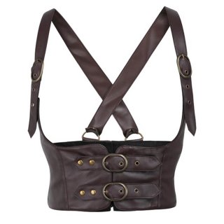 Steampunk Leather Corset Top with Adjustable Buckle and Cross Back Straps N23904