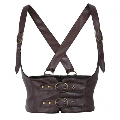 Steampunk Leather Corset Top with Adjustable Buckle and Cross Back Straps N23904