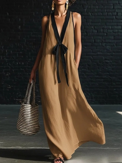 Minimalist Linen-Blend Maxi Dress with Black Trim N23902
