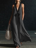 Minimalist Linen-Blend Maxi Dress with Black Trim N23901