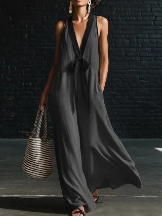 Minimalist Linen-Blend Maxi Dress with Black Trim N23901