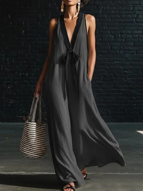 Minimalist Linen-Blend Maxi Dress with Black Trim N23901