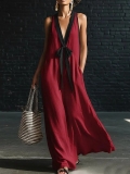 Minimalist Linen-Blend Maxi Dress with Black Trim N23900