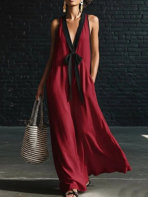 Minimalist Linen-Blend Maxi Dress with Black Trim N23900
