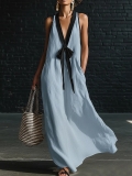 Minimalist Linen-Blend Maxi Dress with Black Trim N23899