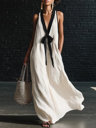 Minimalist Linen-Blend Maxi Dress with Black Trim N23898