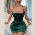Sexy Green Canary Velvet Backless Babydoll Sleepwear Mini Dress Lingerie N23129