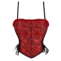 Red Jacquard Corset Top, Vintage Ruffle Trim Bustier N23894