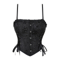 Black Jacquard Corset Top, Vintage Ruffle Trim Bustier N23893