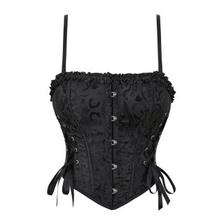 Black Jacquard Corset Top, Vintage Ruffle Trim Bustier N23893