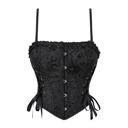 Black Jacquard Corset Top, Vintage Ruffle Trim Bustier N23893