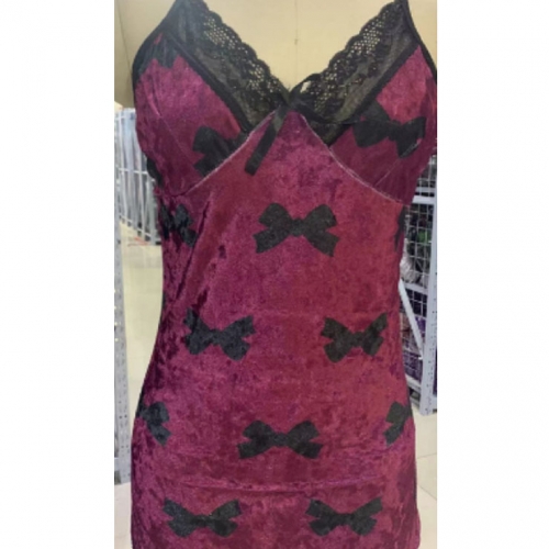 Sexy Red Flannel Spaghetti Straps Deep V Neck Mini Dress Babydoll Nightgown Lingerie N23098