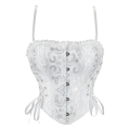 White Jacquard Corset Top, Vintage Ruffle Trim Bustier N23892