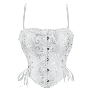 White Jacquard Corset Top, Vintage Ruffle Trim Bustier N23892