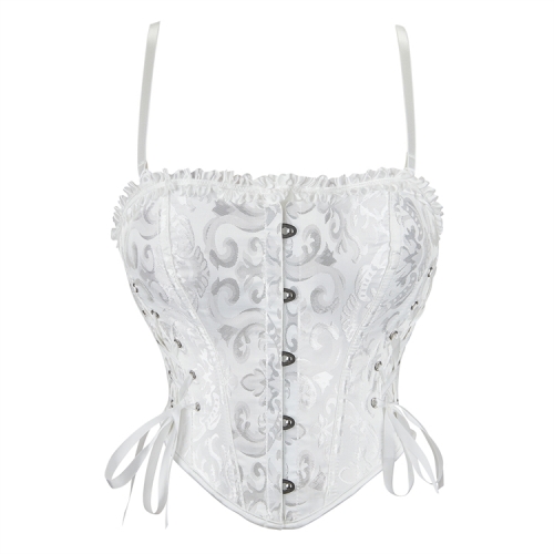 White Jacquard Corset Top, Vintage Ruffle Trim Bustier N23892