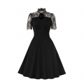 Vintage Black Lace Patchwork Stand Neck High Waist A-line Midi Dress N23009