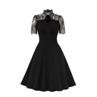 Vintage Black Lace Patchwork Stand Neck High Waist A-line Midi Dress N23009
