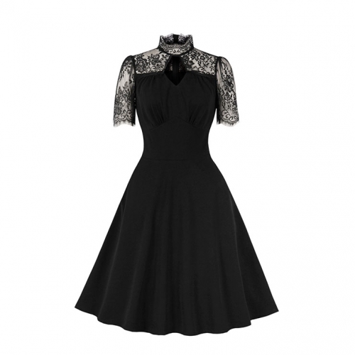 Vintage Black Lace Patchwork Stand Neck High Waist A-line Midi Dress N23009