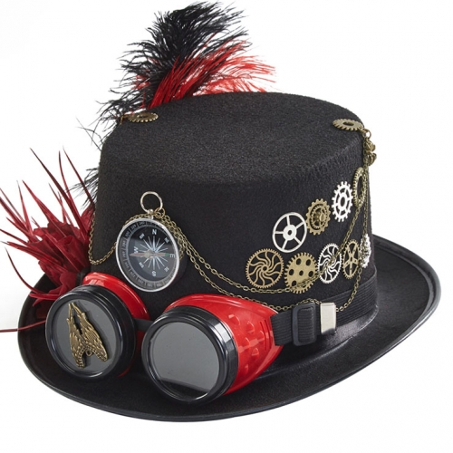 Feather Steampunk Compass and Gear Goggles Masquerade Halloween Costume Top Hat J22864