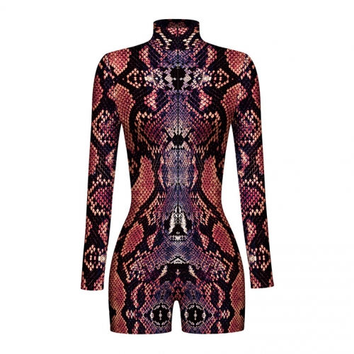 Red Pattern 3D Printed High Neck Long Bodycon Jumpsuit Halloween Costume N22347