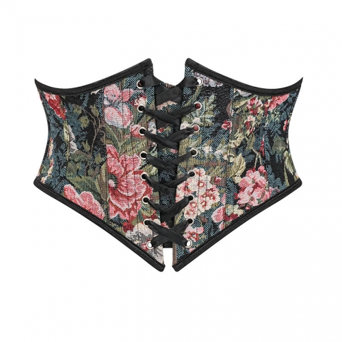 Vintage Embroidered Floral Corset Belt, Front Lace-Up Waist Cincher with Back Zipper N23879