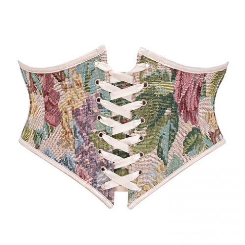 Vintage Embroidered Floral Corset Belt, Front Lace-Up Waist Cincher with Back Zipper N23874