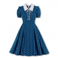 Retro Lapel Lacing Short Sleeve Polka Dots Print Summer Daily A-line Swing Dress N22254