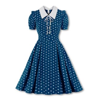 Retro Lapel Lacing Short Sleeve Polka Dots Print Summer Daily A-line Swing Dress N22254