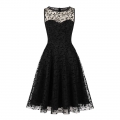 Sexy Black See-through Embroidered Mesh Sleeveless High Waist Cocktail Party Midi Dress N22085