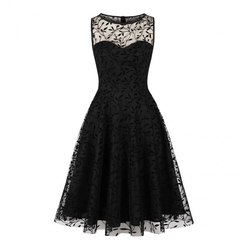 Sexy Black See-through Embroidered Mesh Sleeveless High Waist Cocktail Party Midi Dress N22085