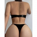 Erotic Wet-look PU Bandage Halter Choker Cut-out Elastic One-piece Bodysuit Teddies Lingerie N22039