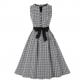 Vintage V Neckline Button Bodice Houndstooth Sleeveless Belted Cocktail Party Midi Dress N21748