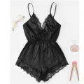 Sexy Black Satin Lace Trim Spaghetti Strap Backless Bodysuit Teddy Lingerie N20652