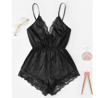 Sexy Black Satin Lace Trim Spaghetti Strap Backless Bodysuit Teddy Lingerie N20652