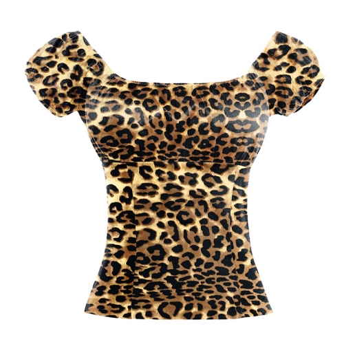 Fashion Leopard Pattern Short Sleeve Off Shoulder Casual Ruffled Blouse Top N20155