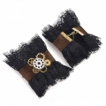 Victorian Gothic Black Floral Lace Wristband Bronze Gear Cloth Bracelet J19846