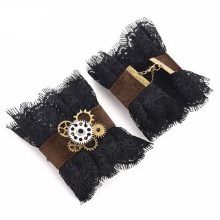 Victorian Gothic Black Floral Lace Wristband Bronze Gear Cloth Bracelet J19846