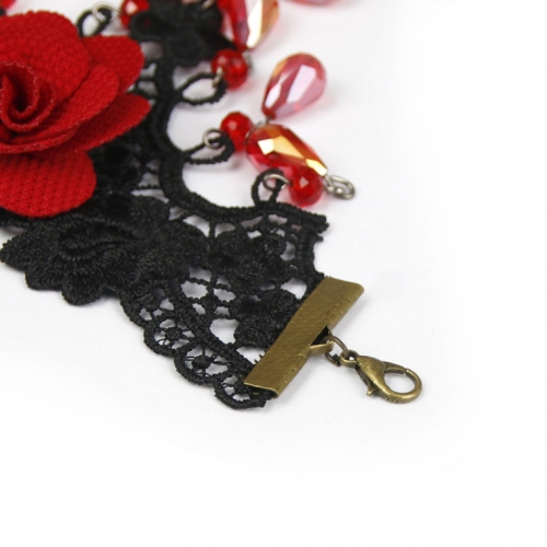 Gothic Red Rose Wristband Red Beads Embellished Bracelet with Ruby Ring J18168