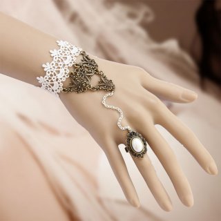 Vintage Floral Lace Wristband Bronze Metal Embellishment Bracelet with Ring J17832