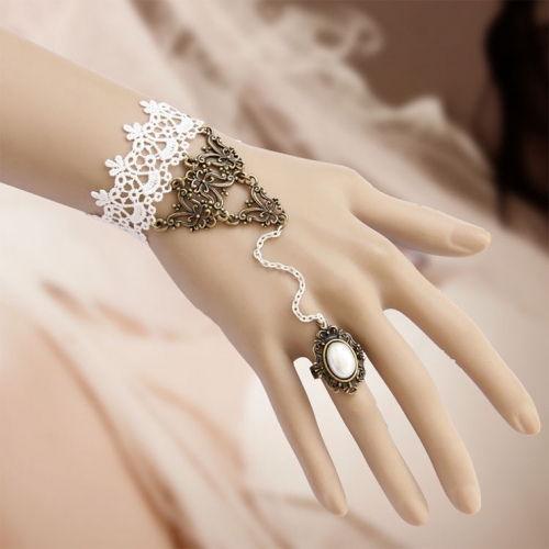 Vintage Floral Lace Wristband Bronze Metal Embellishment Bracelet with Ring J17832