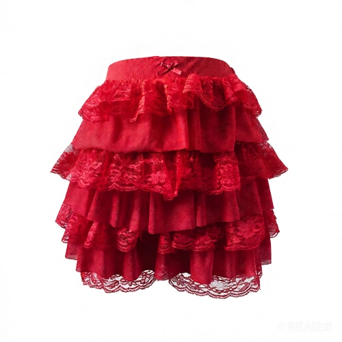 Girls' Red Layered Lace Trim Skirted Shorts, Playful Summer Outfit for Toddlers HG23864